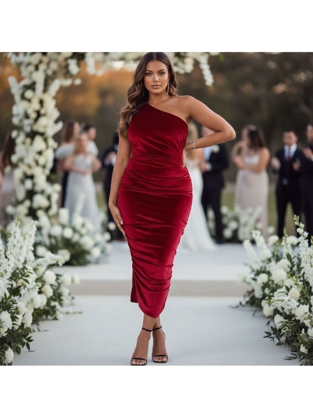 TAHARI ASL Red Velvet Ruched Velvet One Shoulder Dress Quiet Luxury Gothic Sz 12